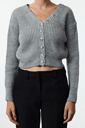 Kadın Moda Şık Crop V Yaka Regular V Yaka Crop Triko Hırka
