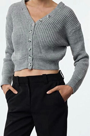 Kadın Moda Şık Crop V Yaka Regular V Yaka Crop Triko Hırka