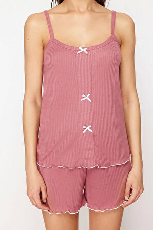 Kadın Polyester Havuz Yaka Askılı Kol Kurdele Fiyonk Detaylı İp Askılı Fitilli Örme Pijama Takımı