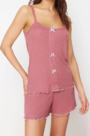 Kadın Polyester Havuz Yaka Askılı Kol Kurdele Fiyonk Detaylı İp Askılı Fitilli Örme Pijama Takımı