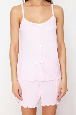 Kadın Polyester Havuz Yaka Askılı Kol Kurdele Fiyonk Detaylı İp Askılı Fitilli Örme Pijama Takımı