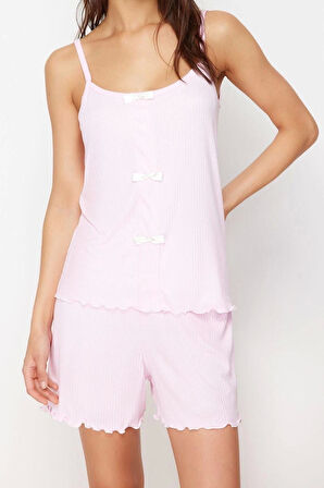 Kadın Polyester Havuz Yaka Askılı Kol Kurdele Fiyonk Detaylı İp Askılı Fitilli Örme Pijama Takımı