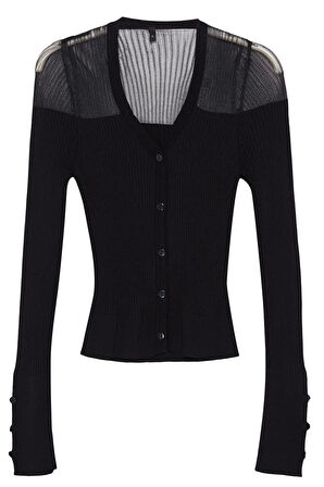 Kadın Moda Şık Regular V Yaka Slim Premium İplik Transparan Görünümlü Triko Hırka