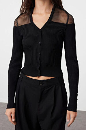 Kadın Moda Şık Regular V Yaka Slim Premium İplik Transparan Görünümlü Triko Hırka