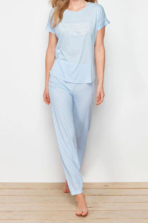 Kadın Moda Şık Bisiklet Yaka Boru Paça Kısa Kol Pötikare ve Baskılı Örme Pijama Takımı