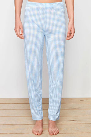 Kadın Moda Şık Bisiklet Yaka Boru Paça Kısa Kol Pötikare ve Baskılı Örme Pijama Takımı