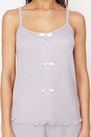 Kadın Polyester Havuz Yaka Askılı Kol Kurdele Fiyonk Detaylı İp Askılı Fitilli Örme Pijama Takımı
