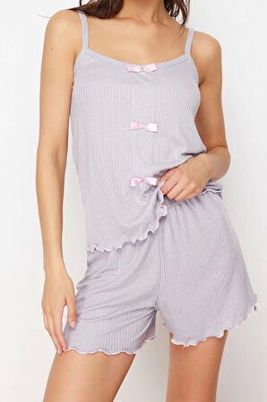 Kadın Polyester Havuz Yaka Askılı Kol Kurdele Fiyonk Detaylı İp Askılı Fitilli Örme Pijama Takımı