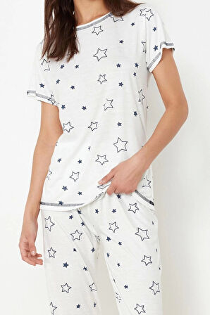 Kadın Moda Şık Bisiklet Yaka Boru Paça Kısa Kol Yıldız Desenli Örme Pijama Takımı