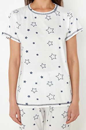 Kadın Moda Şık Bisiklet Yaka Boru Paça Kısa Kol Yıldız Desenli Örme Pijama Takımı