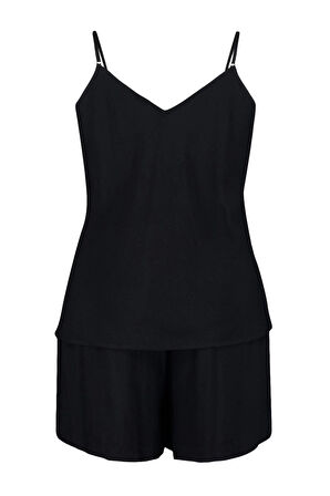 Büyük Beden Kadın Viskon V Yaka Askılı Kol Askılı Viskon Dokuma Pijama Takımı