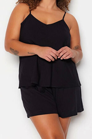 Büyük Beden Kadın Viskon V Yaka Askılı Kol Askılı Viskon Dokuma Pijama Takımı