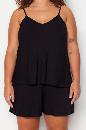 Büyük Beden Kadın Viskon V Yaka Askılı Kol Askılı Viskon Dokuma Pijama Takımı