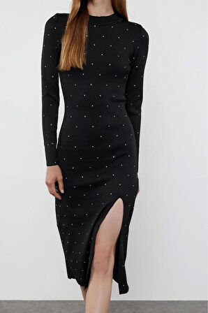 Kadın Moda Şık Midi Boy Bisiklet Yaka Regular Triko Taş İşlemeli Elbise