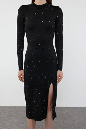 Kadın Moda Şık Midi Boy Bisiklet Yaka Regular Triko Taş İşlemeli Elbise