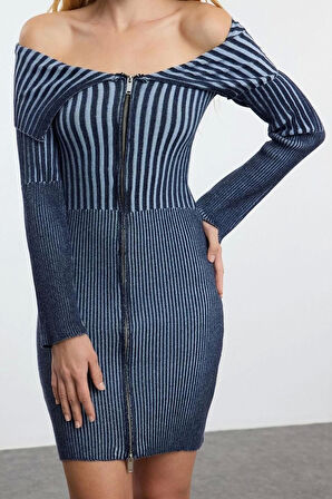 Kadın Moda Şık Mini Boy Devrik Yaka Slim Triko Premium İplik Özel İplik Yıkama Efektli Elbise