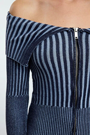 Kadın Moda Şık Mini Boy Devrik Yaka Slim Triko Premium İplik Özel İplik Yıkama Efektli Elbise