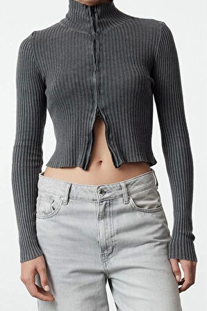 Kadın Moda Şık Crop Dik Yaka Slim Crop %100 Pamuk Yıkama Efektli Triko Hırka