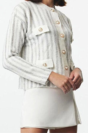 Kadın Moda Şık Regular Bisiklet Yaka Regular Yumuşak Dokulu Ceket Görünümlü Triko Hırka