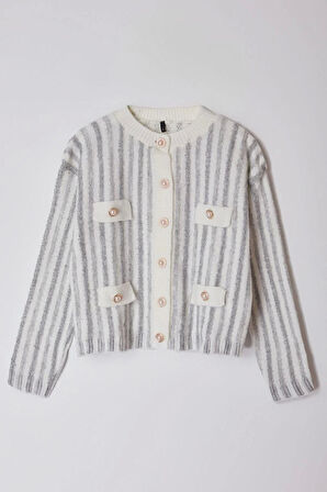 Kadın Moda Şık Regular Bisiklet Yaka Regular Yumuşak Dokulu Ceket Görünümlü Triko Hırka