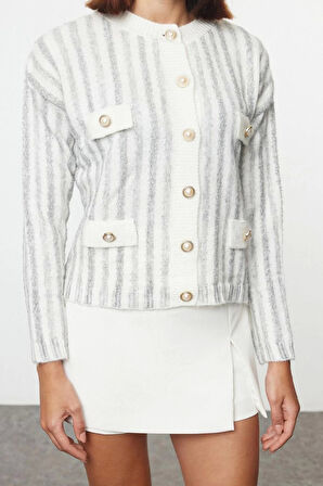 Kadın Moda Şık Regular Bisiklet Yaka Regular Yumuşak Dokulu Ceket Görünümlü Triko Hırka