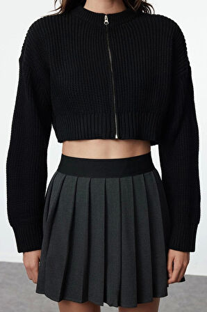 Kadın Moda Şık Crop Bisiklet Yaka Regular Crop Vatka Detaylı Triko Hırka