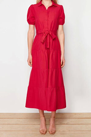 Yeni Regular Casual Günlük Terrycotton Dokuma Gömlek Yaka Kısa Kol Skater Maxi Boy Elbise