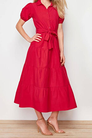 Yeni Regular Casual Günlük Terrycotton Dokuma Gömlek Yaka Kısa Kol Skater Maxi Boy Elbise