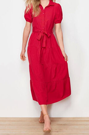 Yeni Regular Casual Günlük Terrycotton Dokuma Gömlek Yaka Kısa Kol Skater Maxi Boy Elbise