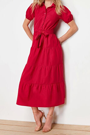 Yeni Regular Casual Günlük Terrycotton Dokuma Gömlek Yaka Kısa Kol Skater Maxi Boy Elbise