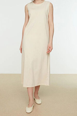 Yeni Regular Casual Günlük Süprem Örme Bisiklet Yaka Kolsuz Kol Basic Maxi Boy Tesettür Elbise