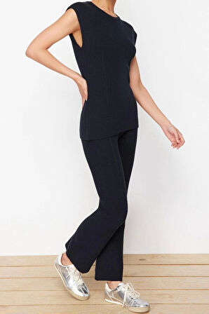 Kadın Moda Şık Regular Boy Uzun Kollu Pamuklu İnce Bluz Pantalon Triko Alt-Üst Takım
