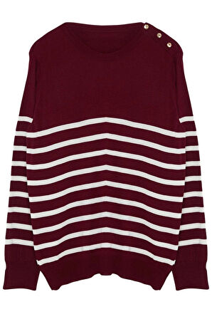 Kadın Büyük Beden Moda Şık Regular Bisiklet Yaka Uzun Kol Çizgili Triko Kazak