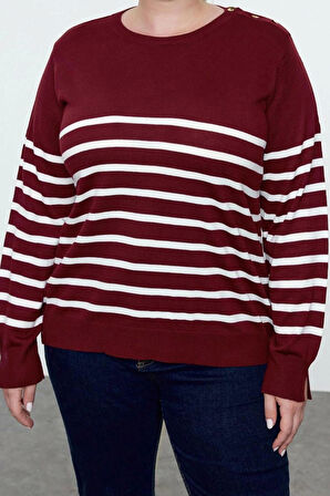 Kadın Büyük Beden Moda Şık Regular Bisiklet Yaka Uzun Kol Çizgili Triko Kazak