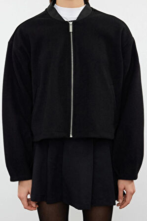 Kadın Moda Şık Oversize Hakim Yaka Standart Düz Astarlı Oversize Kaşe Bomber Ceket Mont