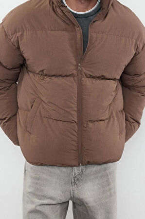 Unisex Moda Şık Bol Dik Yaka Standart Düz Astarlı Oversize Fit Dik Yaka Şişme Kışlık Mont