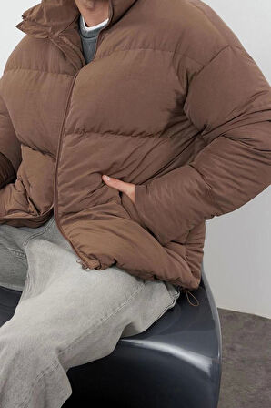 Unisex Moda Şık Bol Dik Yaka Standart Düz Astarlı Oversize Fit Dik Yaka Şişme Kışlık Mont