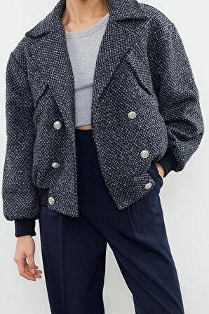Kadın Moda Şık Bol Ceket Yaka Standart Düz Astarlı Oversize İçi Kapitoneli Tüvit Bomber Mont