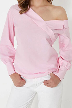 Kadın Moda Şık Üst Giyim Regular Asimetrik Yaka Regular Kalıp Dokuma Kayık Yaka Bluz