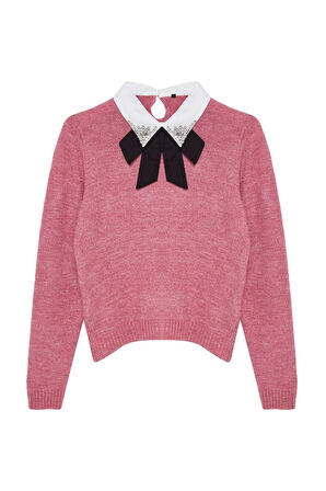 Kadın Moda Şık Polo Yaka Standart Kol Regular Yumuşak Dokulu Garnili Kurdeleli Taşlı Triko Kazak