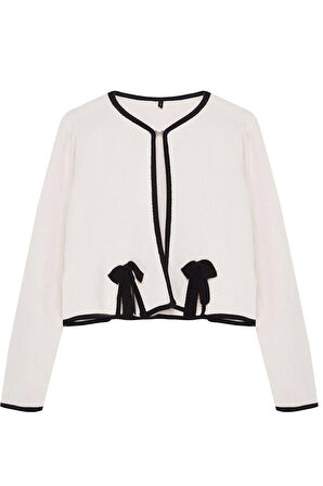 Kadın Moda Şık Crop Bisiklet Yaka Regular Kurdele Fiyonk Detaylı Crop Ceket Görünümlü Triko Hırka