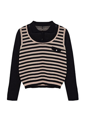 Kadın Moda Şık Polo Yaka Standart Kol Regular Çizgili Dokuma Garnilli Triko Kazak