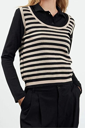 Kadın Moda Şık Polo Yaka Standart Kol Regular Çizgili Dokuma Garnilli Triko Kazak