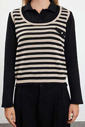 Kadın Moda Şık Polo Yaka Standart Kol Regular Çizgili Dokuma Garnilli Triko Kazak