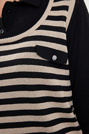 Kadın Moda Şık Polo Yaka Standart Kol Regular Çizgili Dokuma Garnilli Triko Kazak