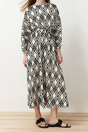 Yeni Regular Casual Günlük Crinkle Dokuma Bisiklet Yaka Uzun Kol Skater Maxi Boy Tesettür Elbise