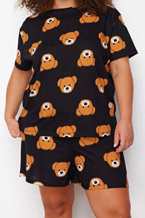 Kadın Moda Büyük Beden Bisiklet Yaka Geniş Paça Kısa Kol Ayıcık Baskılı Pamuklu Örme Pijama Takımı