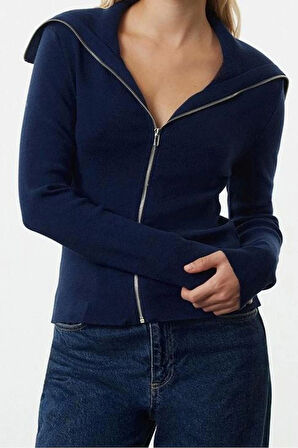 Kadın Moda Şık Regular Devrik Yaka Slim Premium İplik Basic Triko Hırka
