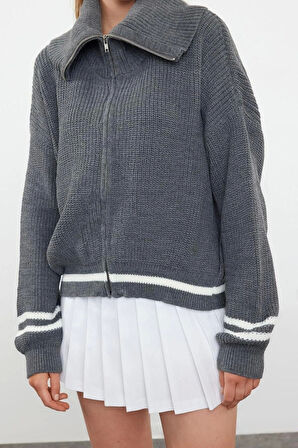 Kadın Moda Şık Regular Devrik Yaka Regular Çizgili Devrik Yaka Triko Hırka