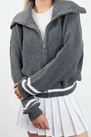 Kadın Moda Şık Regular Devrik Yaka Regular Çizgili Devrik Yaka Triko Hırka